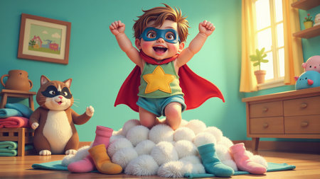 A joyful child dressed as a superhero stands atop fluffy clouds in a messy room, grinning widely. A curious cat observes nearby, making the scene even more charming and whimsical.の素材