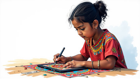A talented child focuses intently on her digital artwork, skillfully illustrating intricate designs on a tablet while colorful flowers bloom in the background, symbolizing creativity and imagination.の素材