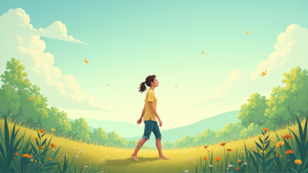 A young person walks along a serene pathway surrounded by colorful flowers and lush greenery. The bright sky enhances the tranquil atmosphere as joy fills the air.の素材