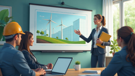 A confident woman, dressed in safety gear, passionately presents innovative wind energy solutions to an engaged audience in a modern office setting.の素材