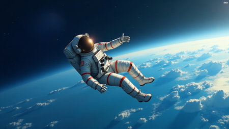 An astronaut floats peacefully in the vacuum of space, giving a thumbs-up while suspended above a stunning view of Earth. The blue planet glimmers in the distance, surrounded by white clouds.の素材