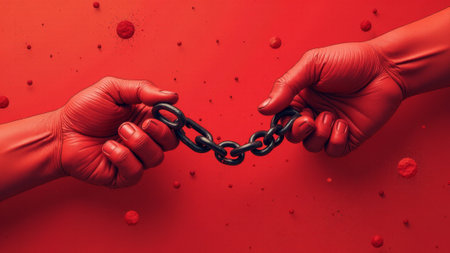 Two hands, coated in bold red paint, grip a black chain, symbolizing the fight against oppression. Vibrant splashes of red surround the scene, evoking deep emotions and struggle.の素材