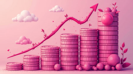 Colorful pink coins stack high, depicting financial growth, while a vibrant upward arrow illustrates progress. Soft clouds and playful shapes enhance the whimsical atmosphere of prosperity.の素材