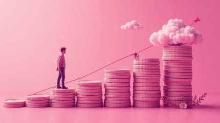 A young man strides confidently towards stacked coins, symbolizing financial success. An upward arrow emphasizes growth against a lively pink backdrop adorned with playful clouds and shapes.の素材