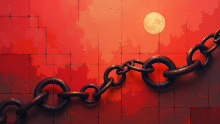 A striking array of dark chains stretches across a vivid backdrop of red and orange hues, bathed in the glow of a full moon, evoking themes of struggle, hope, and resilience.の素材
