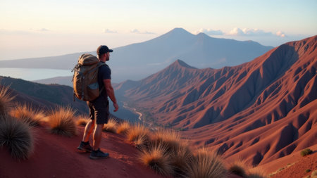 A hiker stands on a rugged mountain ridge, gazing at the vast expanse of crimson hills and distant volcanoes as the warm hues of sunset cast a magical glow over the landscape.の素材