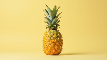 A vibrant pineapple stands tall at center stage, flanked by two perfectly sliced halves. The soft backdrop enhances the fruit's rich colors, inviting a taste of summer.の素材