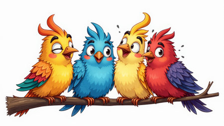 Three animated birds with bright plumage perch on a branch, engaging in lively conversation. Their playful expressions and distinct colors create a cheerful atmosphere in a whimsical forest.の素材