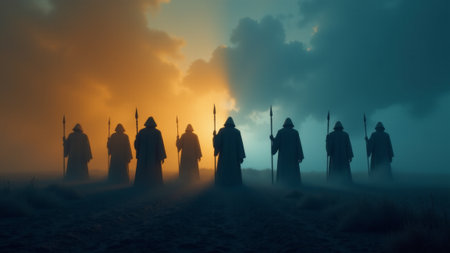 Silhouetted against a rising sun, cloaked figures hold spears while emerging from swirling fog. The ethereal atmosphere hints at an epic tale unfolding in this otherworldly realm.の素材