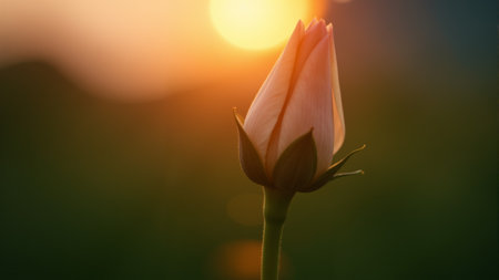 A single pink rose bud stands proudly, bathed in the soft golden light of the setting sun. The silhouette contrasts beautifully against the fading daylight, evoking serenity and grace.の素材