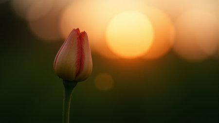 A single pink rose bud stands proudly, bathed in the soft golden light of the setting sun. The silhouette contrasts beautifully against the fading daylight, evoking serenity and grace.の素材