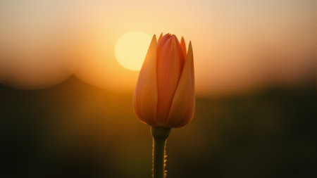 A single pink rose bud stands proudly, bathed in the soft golden light of the setting sun. The silhouette contrasts beautifully against the fading daylight, evoking serenity and grace.の素材
