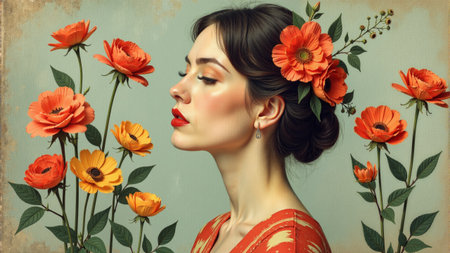 A graceful young woman stands amidst a burst of colorful flowers, her expression serene and inviting. Bright blossoms frame her face, contrasting beautifully with soft clouds in the background.の素材