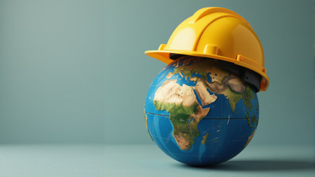 A vibrant globe rests beneath a bright yellow construction helmet, symbolizing the fusion of global responsibility and teamwork in modern construction activities.の素材