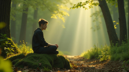 A young man sits cross-legged on a mossy patch, meditating amid tall trees. Soft sunlight streams through the leaves, creating a peaceful atmosphere as nature awakens around him.の素材