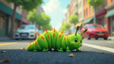 A delightful green caterpillar ambling down a bustling city street, surrounded by colorful storefronts and curious pedestrians, exuding charm and whimsy in the sunny atmosphere.の素材