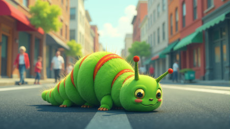 A delightful green caterpillar ambling down a bustling city street, surrounded by colorful storefronts and curious pedestrians, exuding charm and whimsy in the sunny atmosphere.の素材