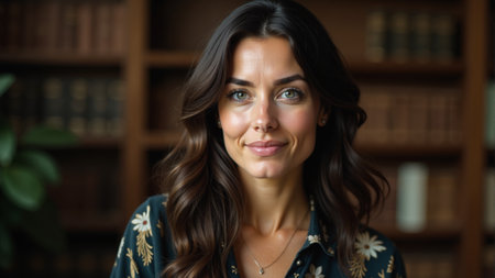 A woman with long dark hair stands inside a warm library, smiling softly as sunlight pours through the large windows, illuminating the rows of books in the background.の素材