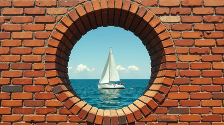 A charming sailboat with a white sail gracefully navigates the azure waters. The vibrant blue sky enhances the tranquil atmosphere as the brick wall creates a unique framing effect.の素材