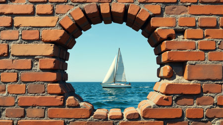 A charming sailboat with a white sail gracefully navigates the azure waters. The vibrant blue sky enhances the tranquil atmosphere as the brick wall creates a unique framing effect.の素材