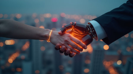 As the sun sets over a vibrant city, a human hand reaches out to grasp a robotic hand, symbolizing the union of technology and humanity against a shimmering skyline.の素材