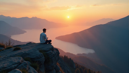 A person sits on a jagged rock, gazing at the vibrant hues of a sunset. The sun dips below the horizon, illuminating the serene lake and rolling hills in warm colors.の素材