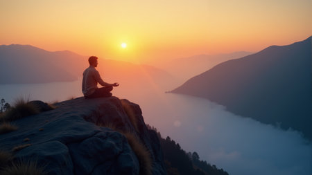 A person sits on a jagged rock, gazing at the vibrant hues of a sunset. The sun dips below the horizon, illuminating the serene lake and rolling hills in warm colors.の素材