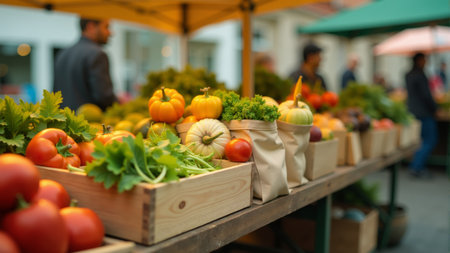 Vibrant colors illuminate a market stall filled with fresh vegetables and fruits, highlighting the local produce and lively community interactions during a warm sunset.の素材