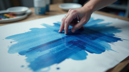 A hand delicately applies a brush to a canvas, crafting intricate patterns in varying shades of blue. The artist focuses intently, surrounded by artistic tools and a tranquil atmosphere.の素材