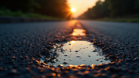 As the sun dips below the horizon, a winding road glimmers with reflections of orange and gold, framed by silhouettes of trees in the soft evening light.の素材