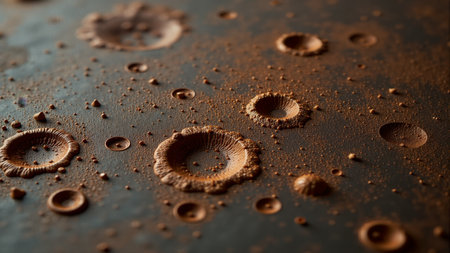 Rusted metal surface showcases enchanting patterns formed over years. Bubbles and pits tell a story of age, resistance, and nature's artistry at play. Colors range from deep brown to vibrant orange.の素材