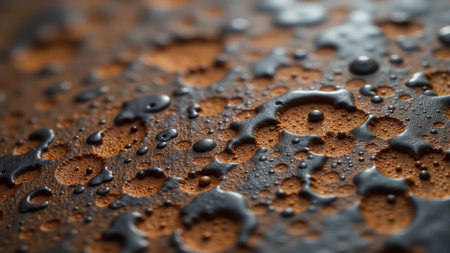 Close-up view of a weathered metal surface showing rich hues of rust and dark droplets pooling across its textured landscape, capturing the interplay of light and shadow.の素材