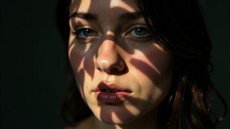 A serene young woman stars thoughtfully into the distance, her features softly highlighted by intricate shadows from nearby foliage. The tranquil atmosphere invites reflection and calmness.の素材