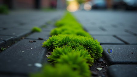 Vibrant green moss flourishes in a crack along a city street, symbolizing the tenacity of nature against urbanity. The contrast of life amidst concrete evokes a sense of beauty and hope.の素材