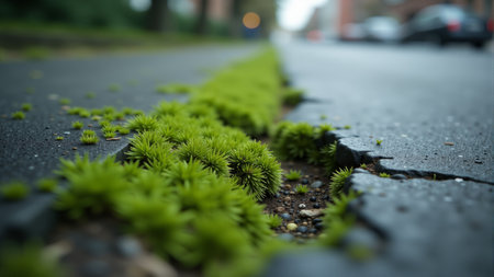 Vibrant green moss flourishes in a crack along a city street, symbolizing the tenacity of nature against urbanity. The contrast of life amidst concrete evokes a sense of beauty and hope.の素材