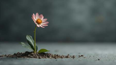 A delicate flower emerges from a crack in a rugged surface, symbolizing hope and strength. Its soft petals display hues of pink and yellow, reminding us of nature's ability to thrive.の素材