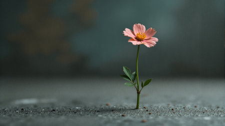 A delicate flower emerges from a crack in a rugged surface, symbolizing hope and strength. Its soft petals display hues of pink and yellow, reminding us of nature's ability to thrive.の素材