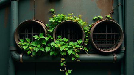 Lush green vines cascade around rusted ventilation pipes in a dimly lit alley, illustrating the harmony between nature and urban decay. This vibrant display highlights life's persistence.の素材