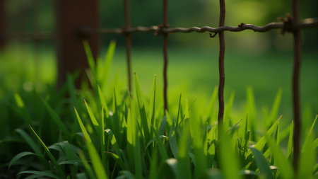 Vibrant blades of grass grow densely, contrasting with the old, rusty fence that stands quietly. Soft sunlight filters through, creating a serene atmosphere in this natural setting.の素材