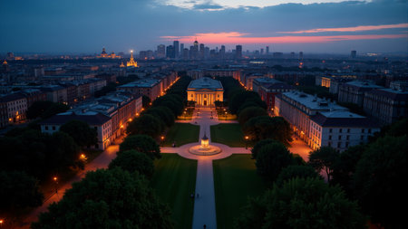 As twilight settles, the city reveals a breathtaking view of illuminated buildings and lush green parks.の素材