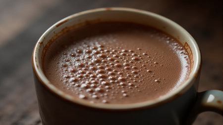 Swirling bubbles dance on the surface of decadent hot chocolate in a handmade ceramic cup. A cozy atmosphere fills the air, perfect for savoring each sip while enjoying the day.の素材