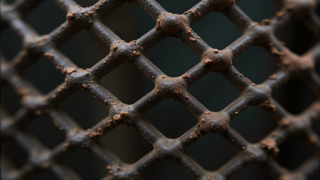 Darkened corners reveal a weathered metal grid, layers of rust and peeling paint showing the passage of time. Soft light filters through, adding depth and intrigue to the forsaken space.の素材