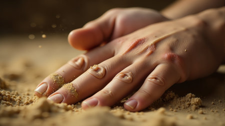 Fingers cradle a handful of fine sand, catching the light in an outdoor environment that radiates warmth and tranquility. Each grain glimmers, creating a peaceful connection to nature.の素材