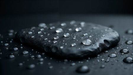 A smooth black stone sits gently on a dark surface, covered in glistening water droplets that reflect the soft morning light. The tranquil atmosphere evokes a sense of calm and clarity.の素材