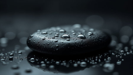A smooth black stone sits gently on a dark surface, covered in glistening water droplets that reflect the soft morning light. The tranquil atmosphere evokes a sense of calm and clarity.の素材