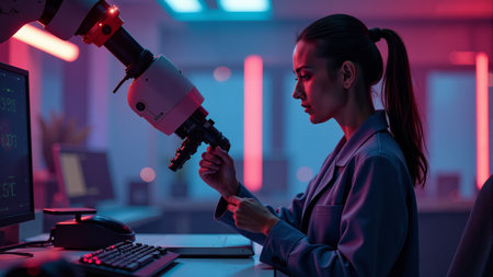 In a modern laboratory dimly lit with colorful neon lights, a dedicated researcher inspects specimens under a microscope, showcasing a blend of science and artistry.の素材