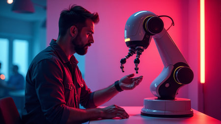 In a modern laboratory dimly lit with colorful neon lights, a dedicated researcher inspects specimens under a microscope, showcasing a blend of science and artistry.の素材