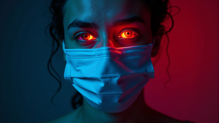 A captivating figure stars intensely, wearing a protective mask, with striking red light highlighting their features against a dark backdrop. Emotions blend amid the vibrant glow.の素材