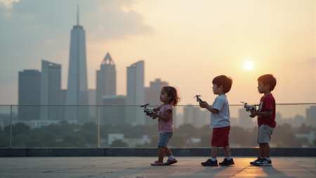 Three children stand on a rooftop, operating drones as the sun sets behind a captivating city skyline. The scene captures their excitement and the blend of nature with modern technology.の素材