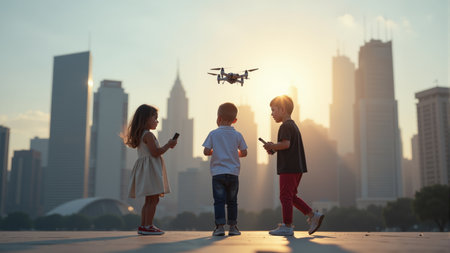 Three children stand on a rooftop, operating drones as the sun sets behind a captivating city skyline. The scene captures their excitement and the blend of nature with modern technology.の素材